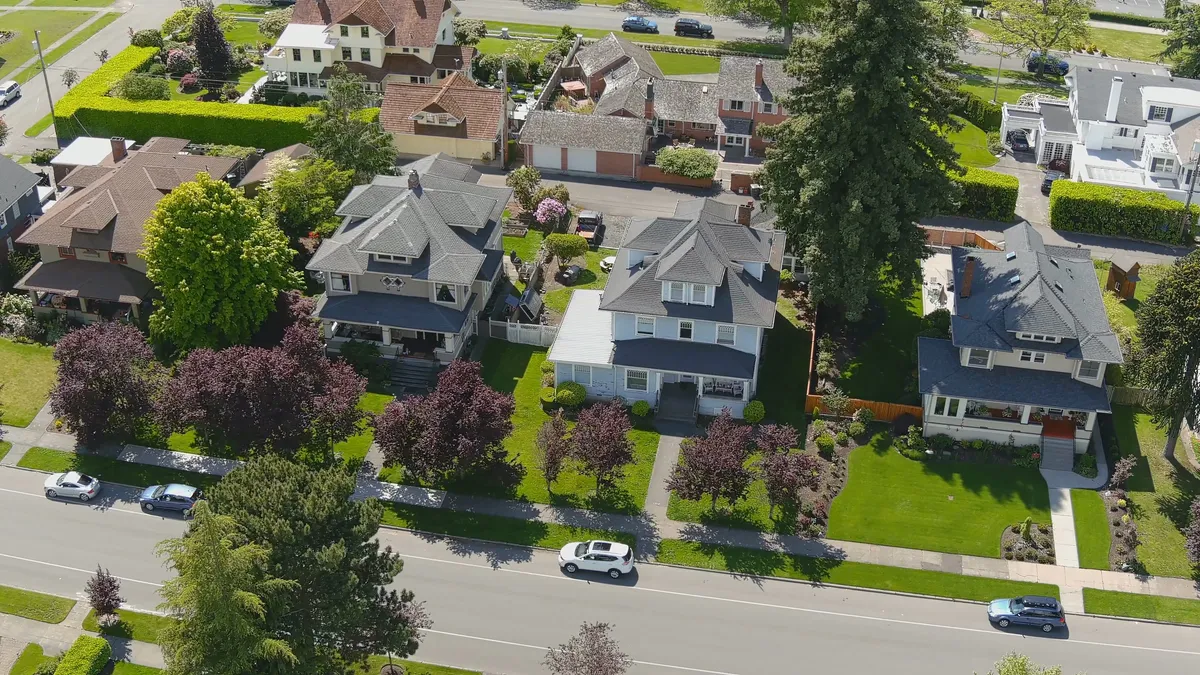 Aerial view of a leafy West Coast neighbourhood with detached houses and spring blossom